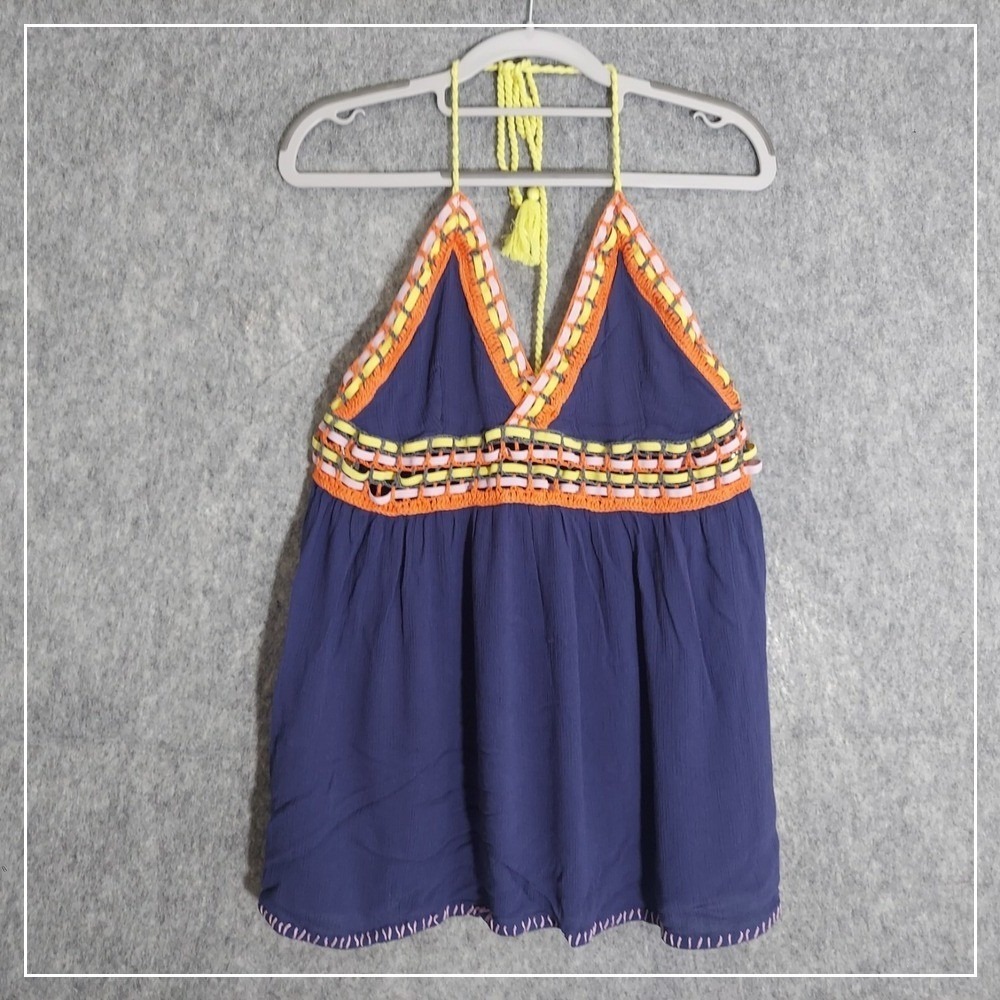 Rocks & Indigo Tunic L Gauze Crepe Crochet Weaved Halter Tassel‎ Festival Boho